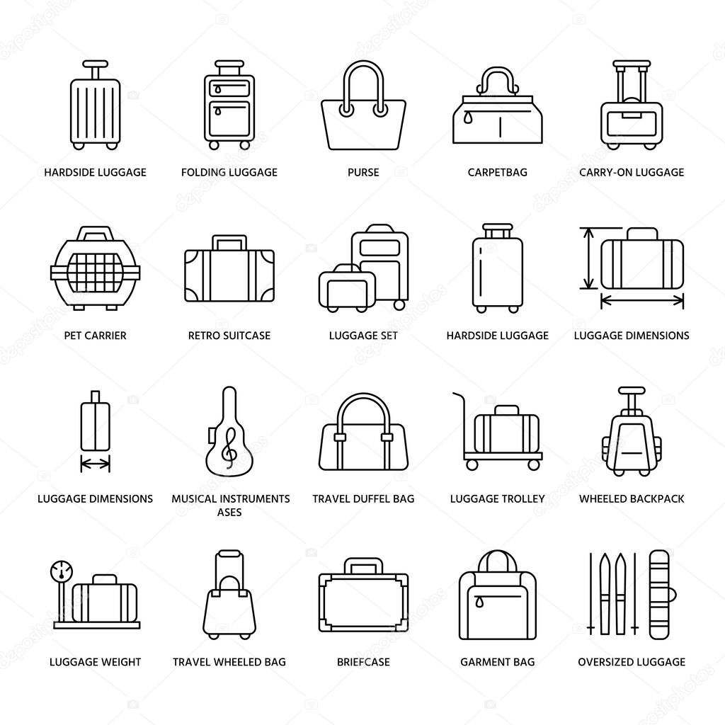 Luggage flat line icons. Carry-on, hardside suitcases, wheeled bags, pet carrier, travel backpack. Baggage dimensions and weight thin linear signs.