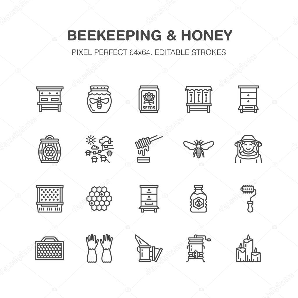 Beekeeping, apiculture flat line icons. Beekeeper equipment, honey processing, honeybee, beehives types, natural products. Bee garden, apiary thin linear signs, organic farm shop. Pixel perfect 64x64