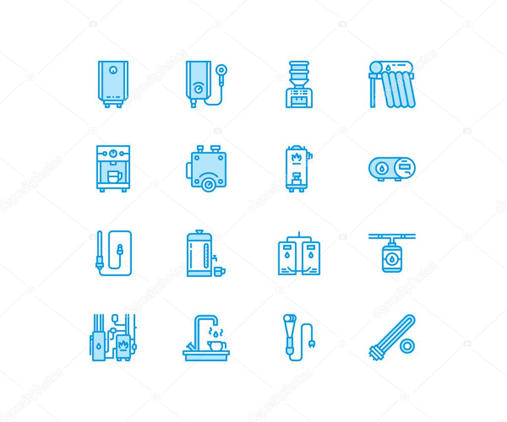Water boiler, thermostat, electric gas solar heaters and other house heating appliances line icons. Thin linear pictogram. Equipment store signs. Pixel perfect 64x64.