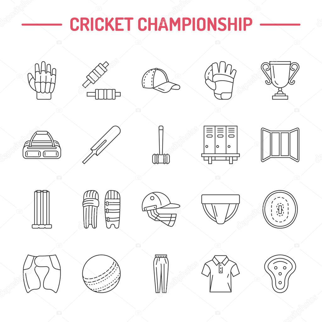 Vector line icons of cricket sport game. Ball, bat, wicket, helmet, batsman gloves. Linear signs set, championship pictograms with editable stroke for event, equipment store.