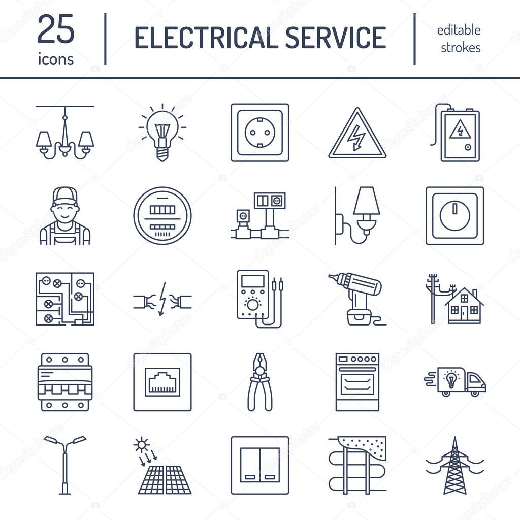 Electricity engineering vector flat line icons. Electrical equipment, power socket, torn wire, energy meter, lamp, wiring design, multimeter. Electrician services signs, house repair illustration.