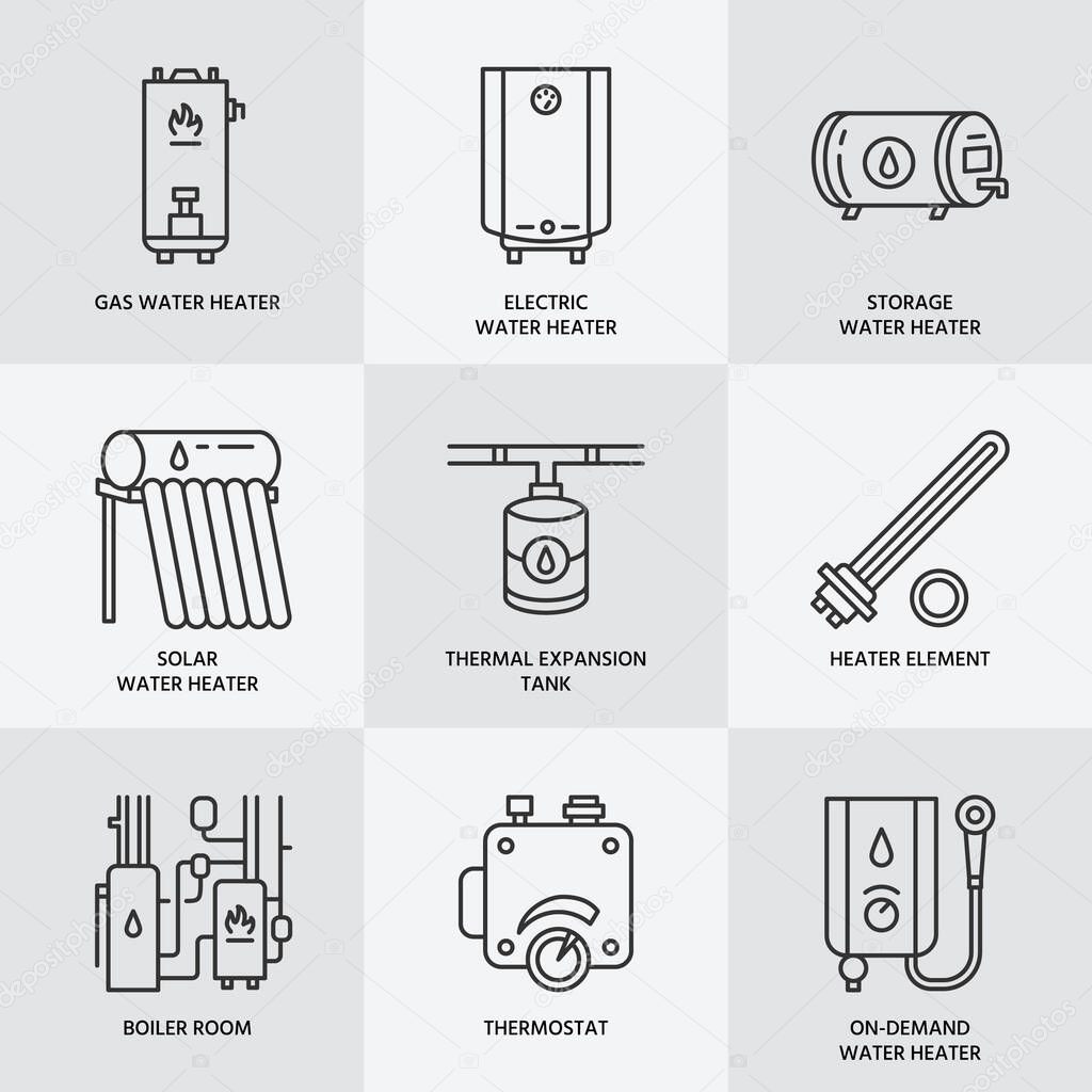 Water heater, boiler, electric, gas, solar heaters and other house heating equipment line icons. Thin linear pictogram for hardware store. Household appliances signs.