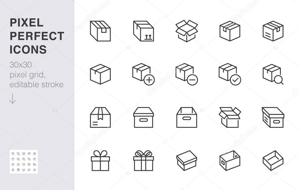 Box line icon set. Carton, cardboard boxes, product package, gift, parcel minimal vector illustrations. Simple outline signs for delivery service application. 30x30 Pixel Perfect. Editable Strokes.