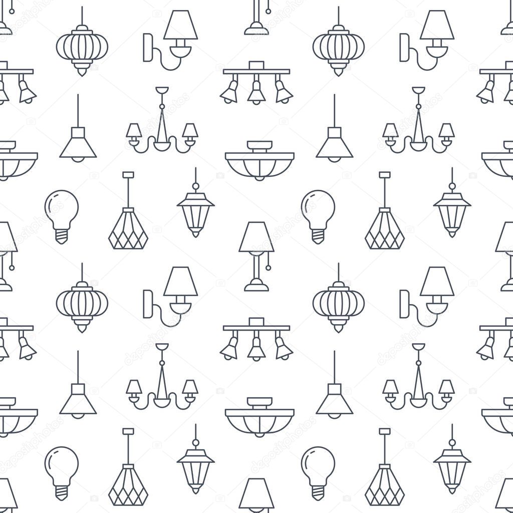 Light fixture, lamps seamless pattern, line illustration. Vector flat icons of home lighting equipment chandelier, bulb. Repeated background for interior store black and white.
