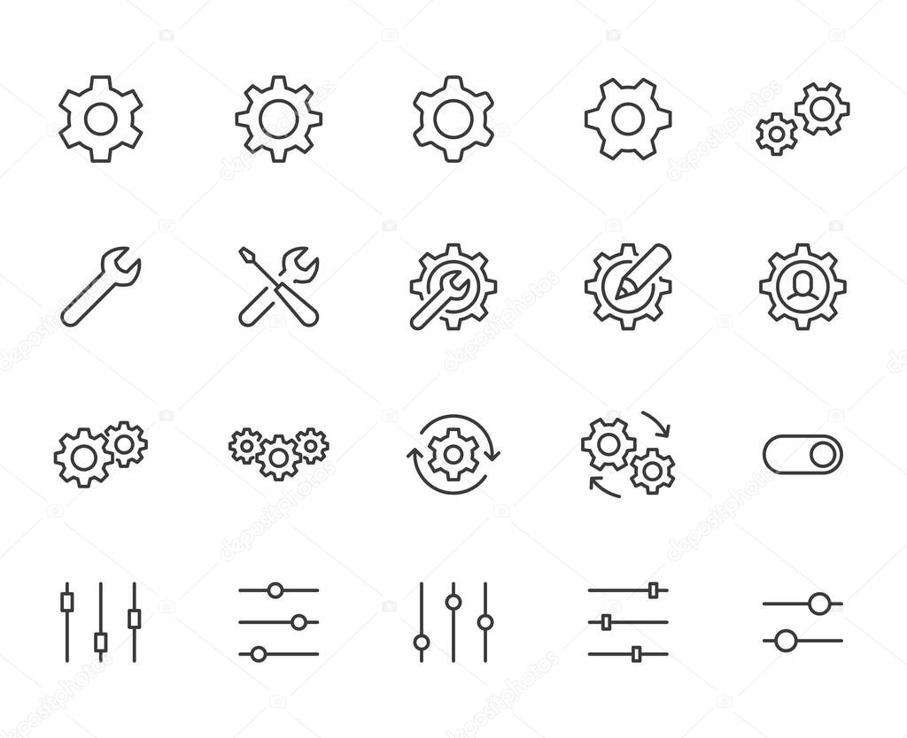 Gear, cogwheel line icons set. App settings button, slider, wrench tool, fix concept minimal vector illustrations. Simple flat outline signs for web interface. Pixel Perfect. Editable Stroke.