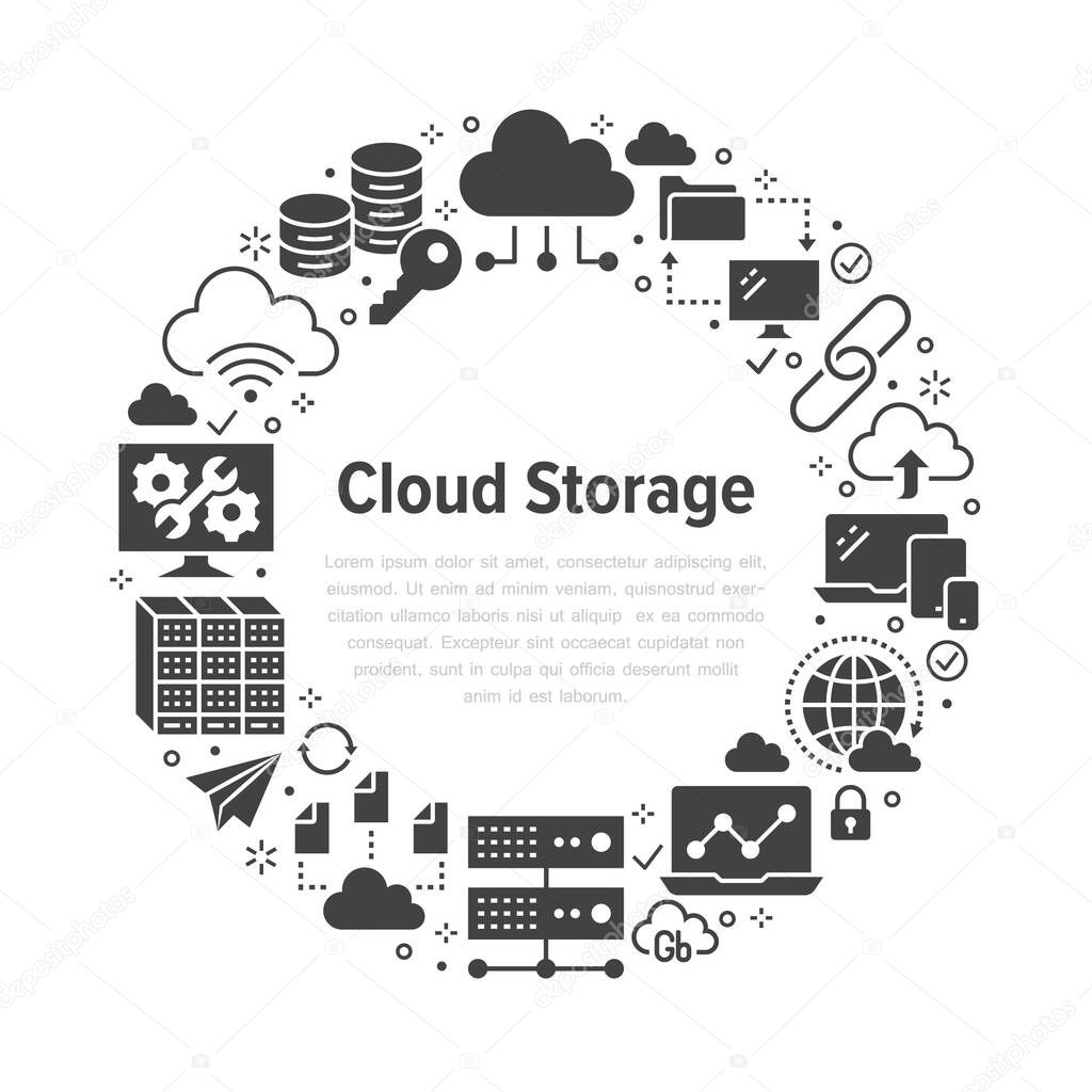 Cloud data storage circle poster with flat glyph icons. Database background, information, server center, global network, backup, security vector silhouette illustration Technology black white template