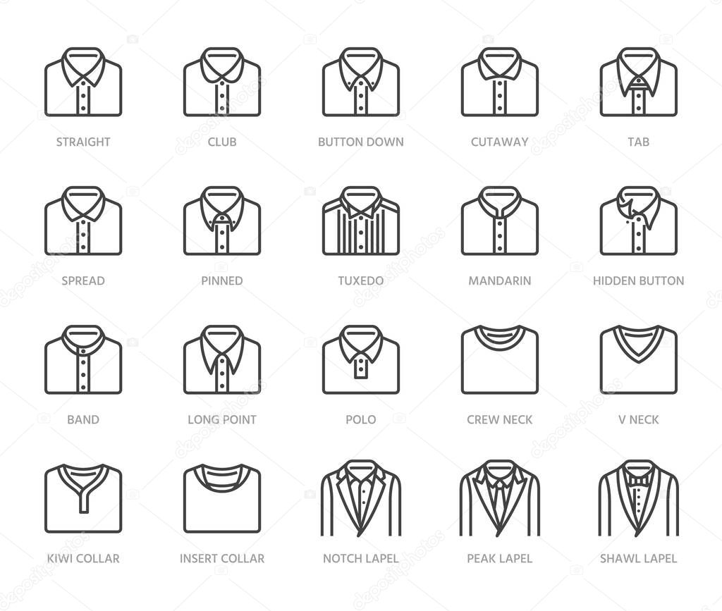 Shirt collars, jacket types flat line icons set. Formal clothing vector illustrations, classic white collar, tuxedo, polo. Outline pictogram for menswear store. Pixel perfect 64x64. Editable Strokes.