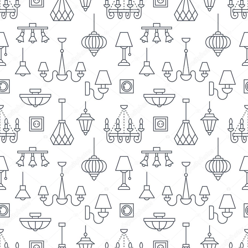 Light fixture, lamps seamless pattern, line illustration. Vector icons of home lighting equipment - chandelier, table lamp, power socket. Repeated background for interior store black and white.