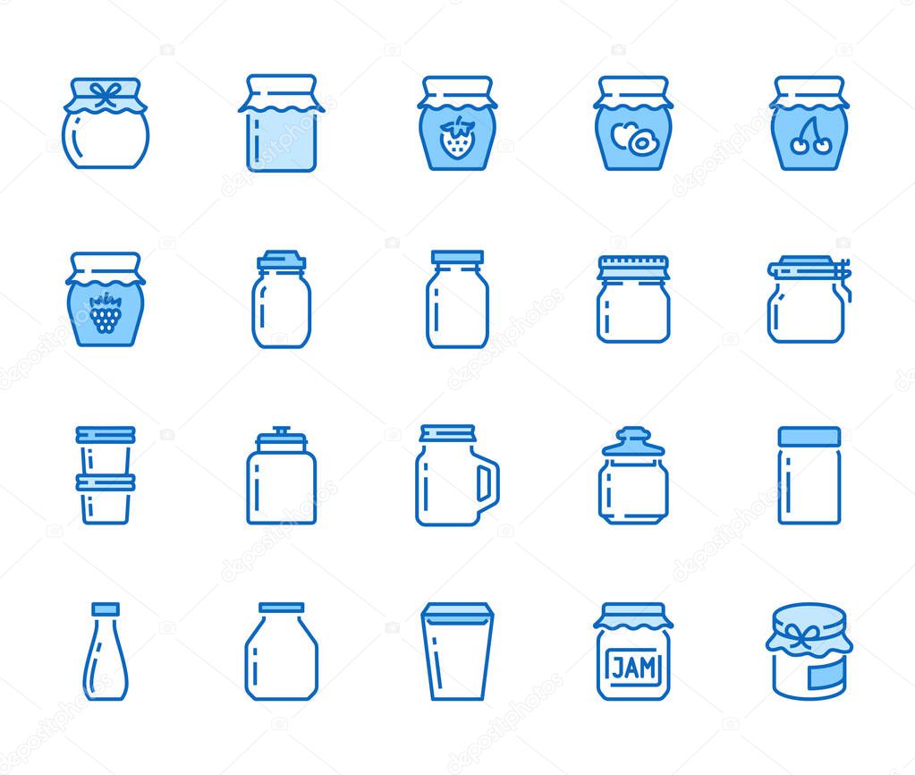 Bottle of jam flat line icons. Glass packaging for fruit confiture, raspberry strawberry jelly container vector illustrations. Thin signs for sweet food store. Pixel perfect 64x64. Editable Strokes.