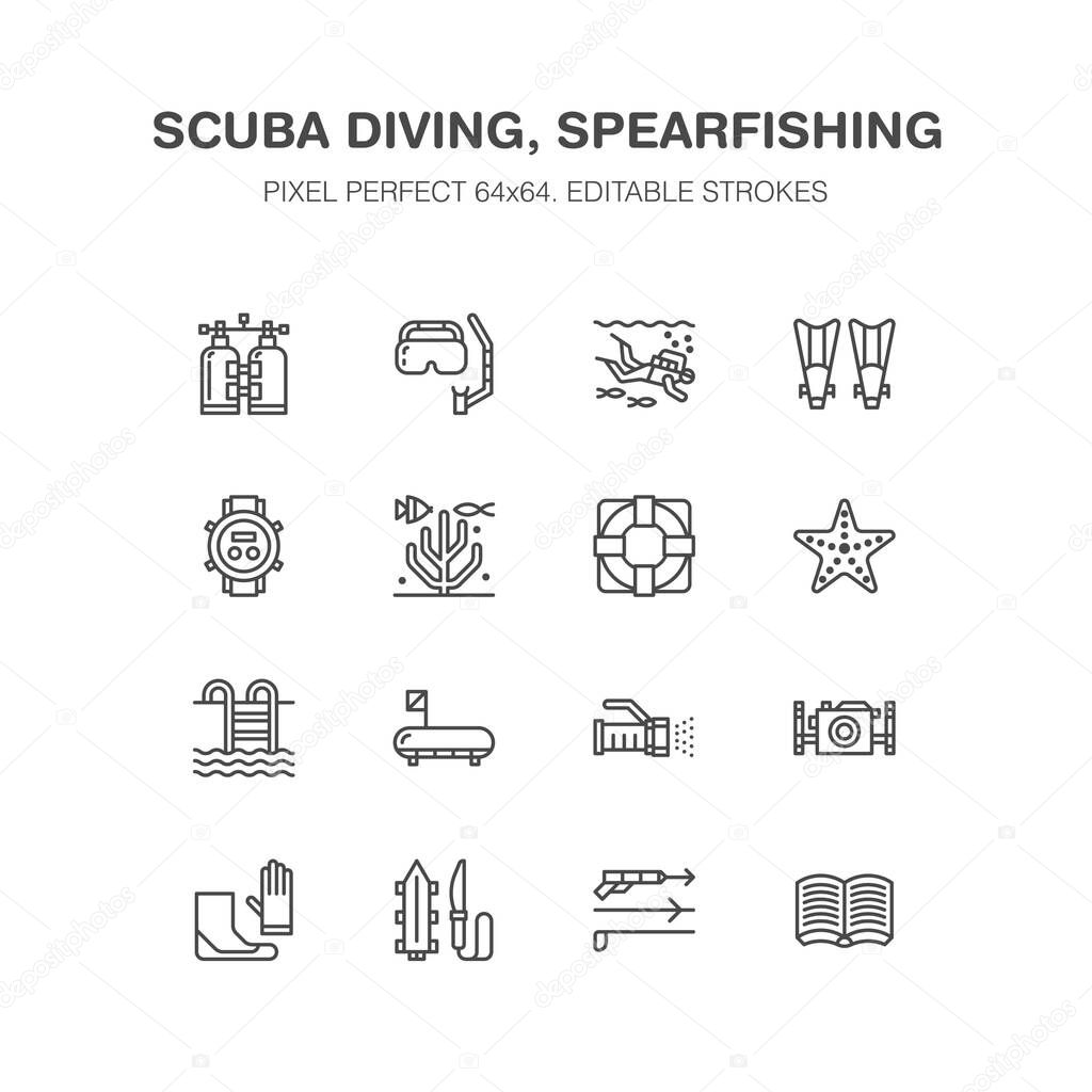 Scuba diving, snorkeling line icons. Spearfishing equipment - mask tube, flippers, swim suit, diver. Water sport, summer activity thin linear signs. Pixel perfect 64x64.