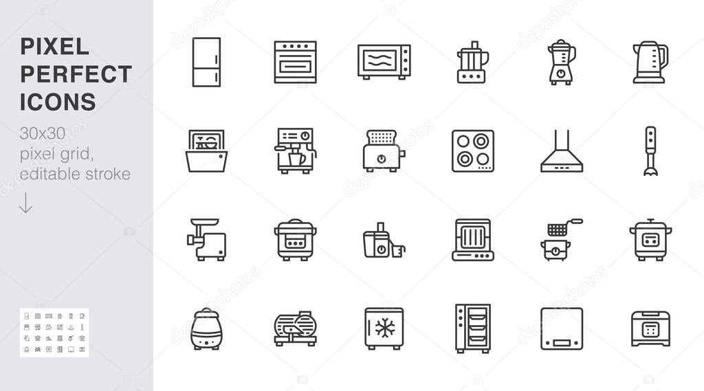 Kitchen appliance line icon set. Oven, mixer, dishwasher, food processor, combi steamer minimal vector illustrations. Simple outline signs of cooking equipment. 30x30 Pixel Perfect. Editable Strokes.