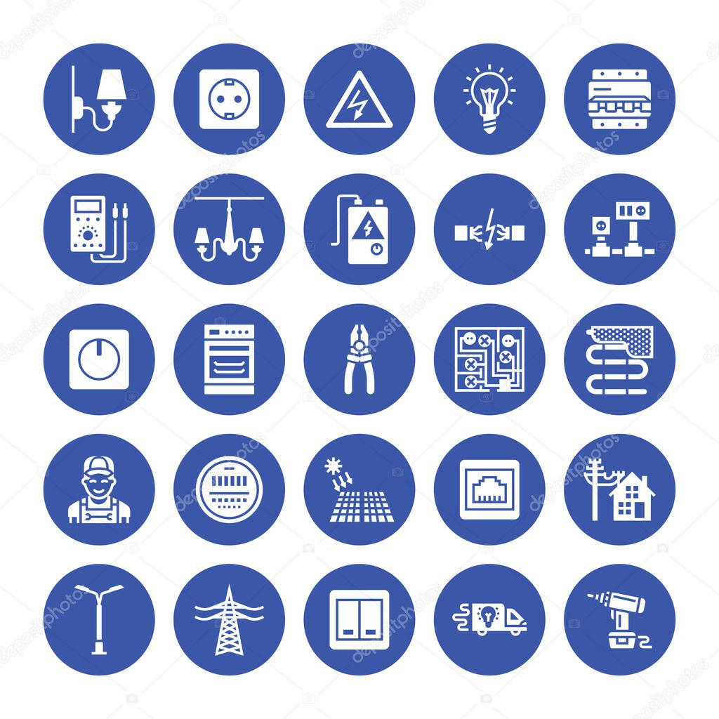 Electricity engineering vector flat glyph icons. Electrical equipment, power socket, torn wire, energy meter, lamp, wiring multimeter. Electrician services signs. Solid silhouette pixel perfect 64x64.