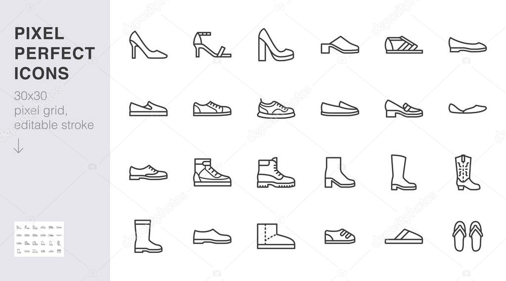 Shoe line icon set. High heels sandal, cowboy boots, hiking footwear, sneakers, slipper minimal vector illustrations. Simple outline signs for fashion application. 30x30 Pixel Perfect. Editable Stroke