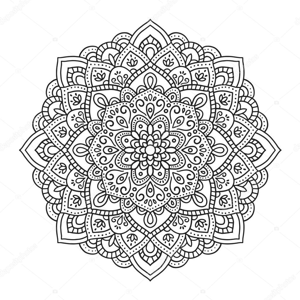 Black indian mandala on white background. Decorative flower drawing for meditation coloring book. Ethnic floral design element, round hand drawn illustration, line art.