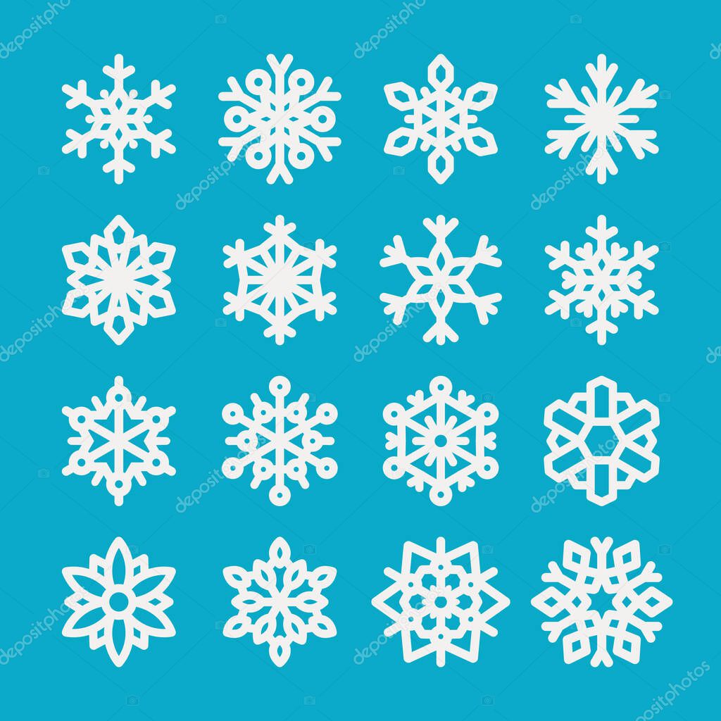Cute snowflake collection isolated on blue background. Flat snow icons, snow flakes silhouette. Nice element for christmas banner, cards. New year ornament. Organic and geometric snowflakes set. White snowflake icon in modern flat style