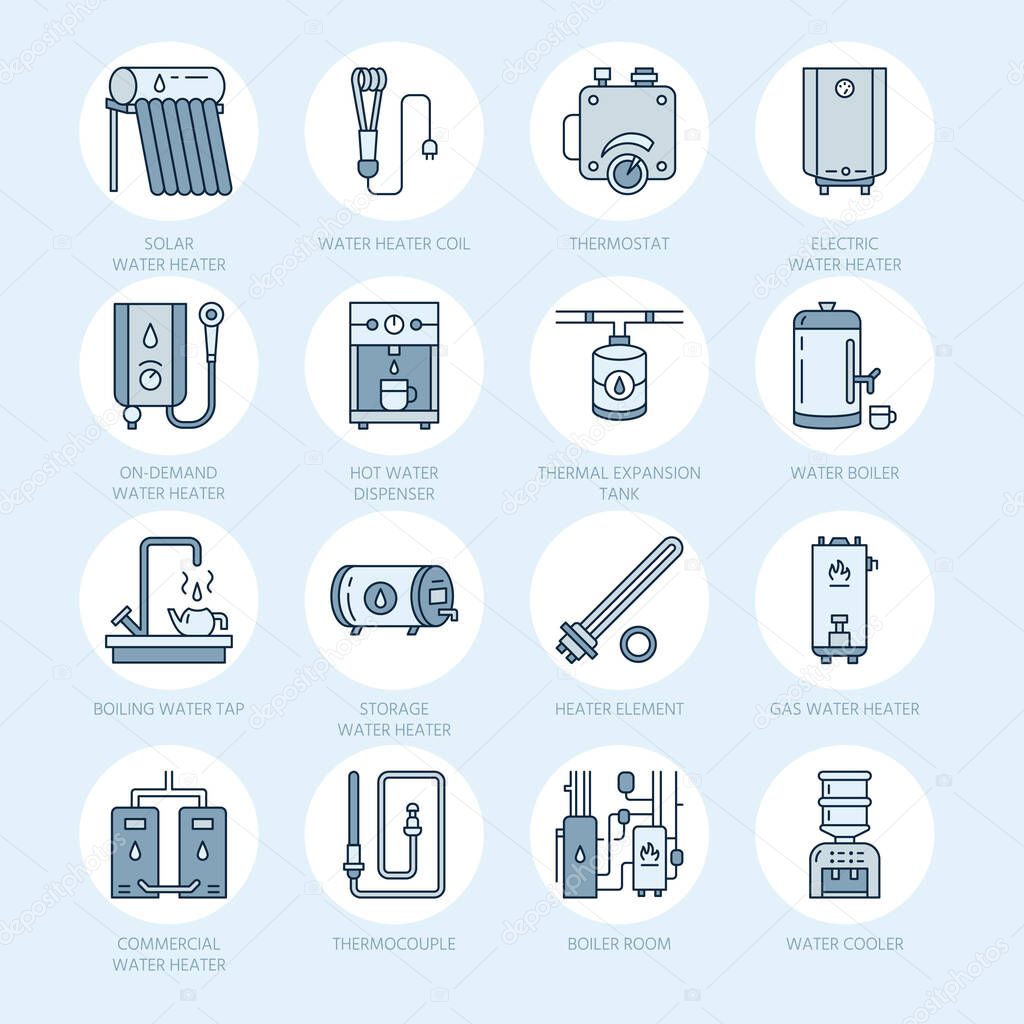 Water heater, boiler, thermostat, electric, gas, solar heaters and other house heating equipment line icons. Thin linear pictogram with editable strokes for hardware store. Household appliances signs.