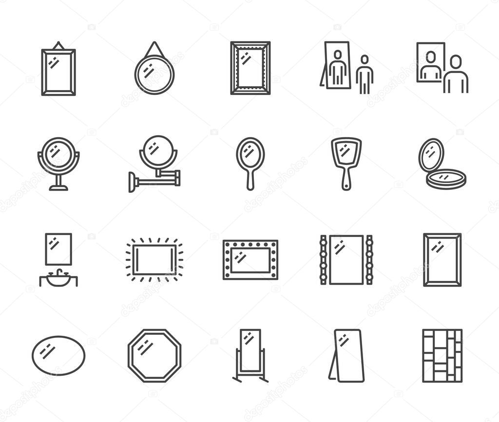 Mirror, reflection flat line icons set. Various mirrors - round, makeup, full length, bathroom interior vector illustrations. Outline signs for furniture store. Pixel perfect 64x64. Editable Strokes.