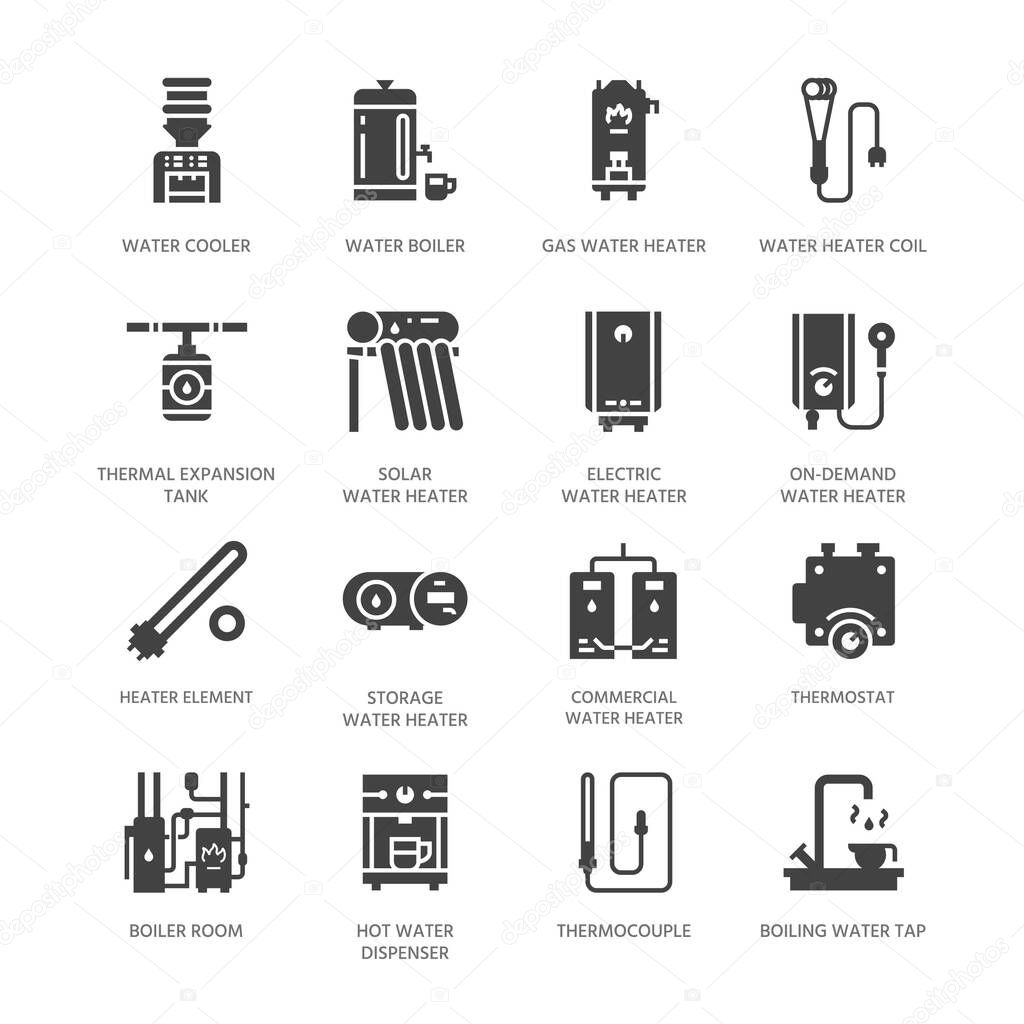 Water boiler, thermostat, electric gas solar heaters and other house heating appliances glyph icons. Equipment store signs. Solid silhouette pixel perfect 64x64.