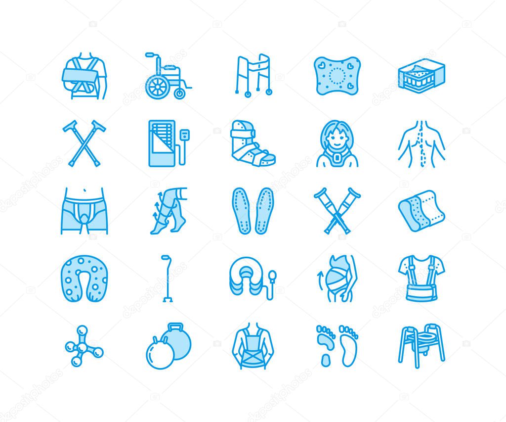 Orthopedics, trauma rehabilitation line icons. Crutches, mattress pillow, cervical collar, walkers, medical rehab goods. Health care thin linear signs for clinic and hospital. Pixel perfect 64x64.