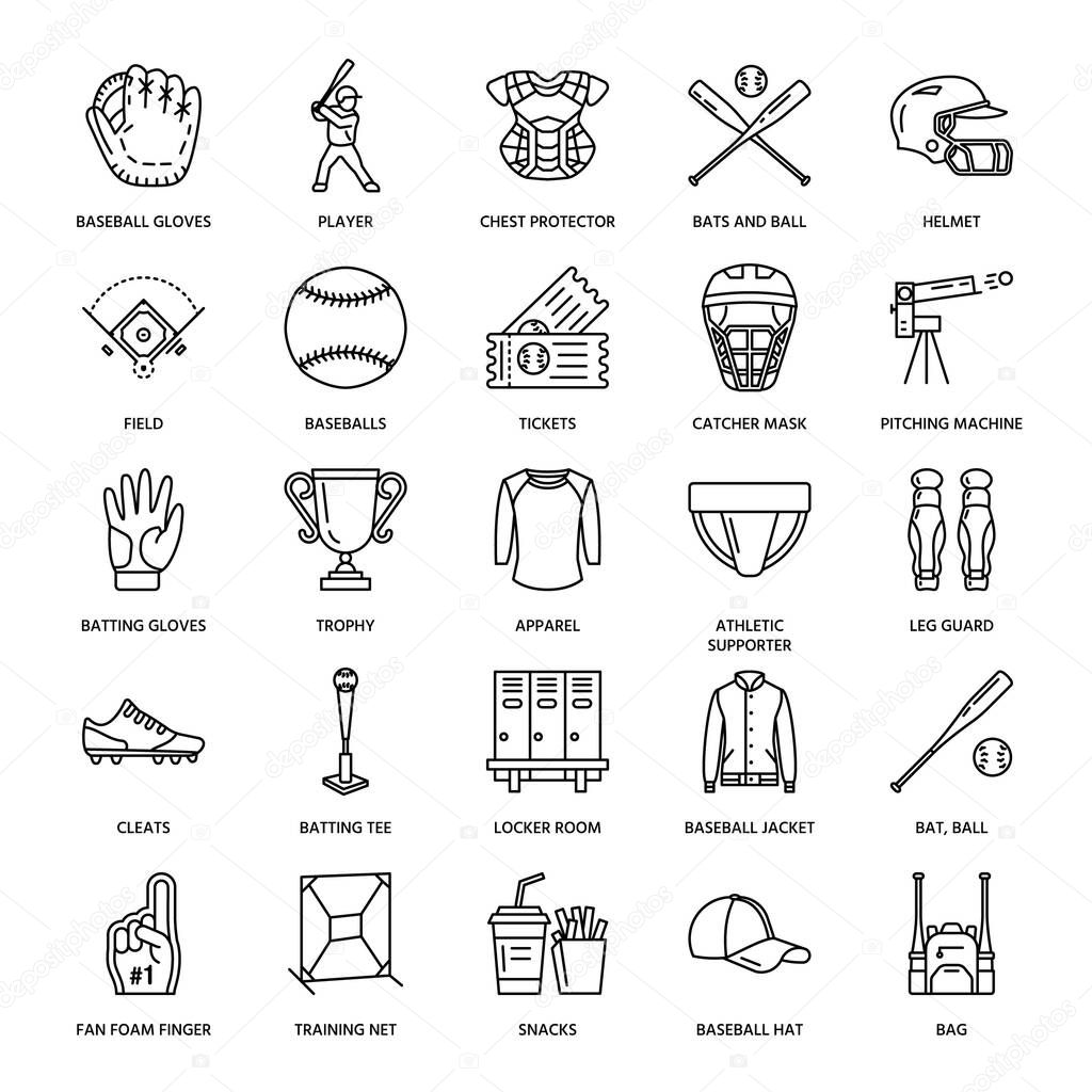 Baseball, softball sport game vector line icons. Ball, bat, field, helmet, pitching machine, catcher mask. Linear signs set, championship pictograms with editable stroke for event, equipment store.