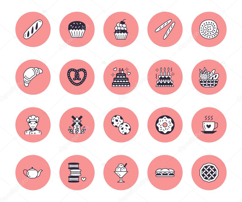 Bakery, confectionery vector flat line icons. Sweet shop goods - cake, croissant, muffin, baguette, baker, sandwich. Food thin linear signs.