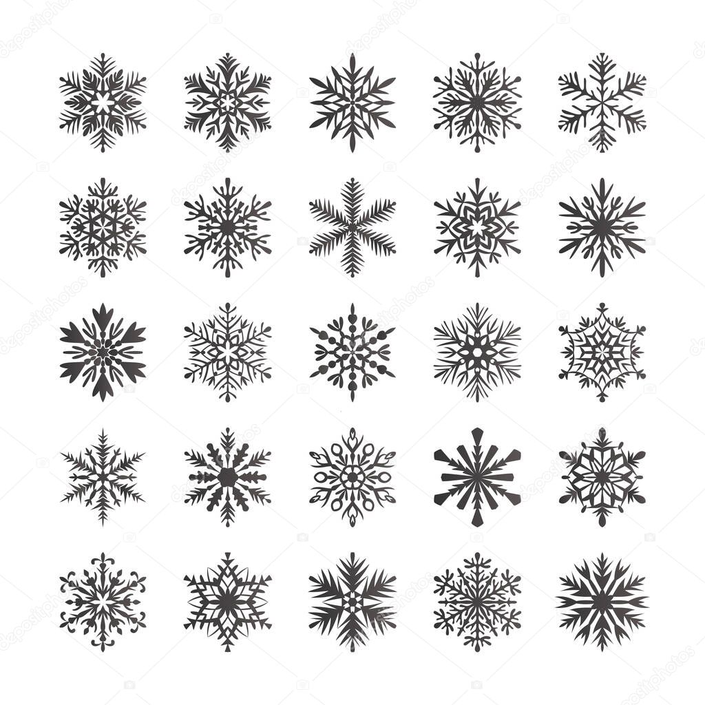 Cute snowflakes collection isolated on white background. Flat snow icons, snow flakes silhouette. Nice element for christmas banner, cards. New year ornament. Organic and geometric snowflake set.