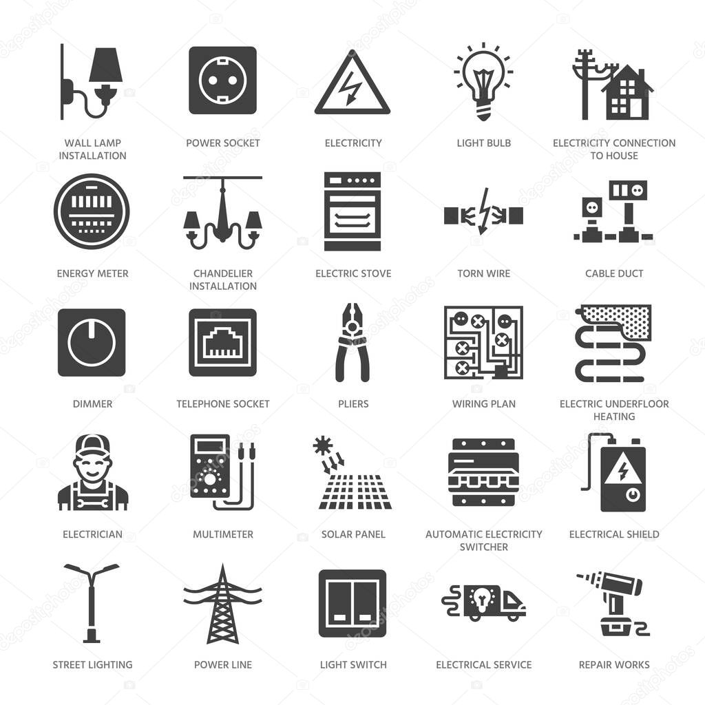 Electricity engineering vector flat glyph icons. Electrical equipment, power socket, torn wire, energy meter, lamp, wiring multimeter. Electrician services signs. Solid silhouette pixel perfect 64x64.