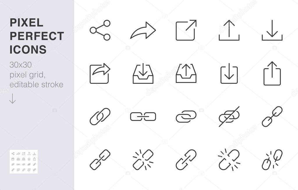 Share button line icon set. Link, broken hyperlink, download, publish, attach chain minimal vector illustrations. Simple outline signs for web application url. 30x30 Pixel Perfect. Editable Strokes.