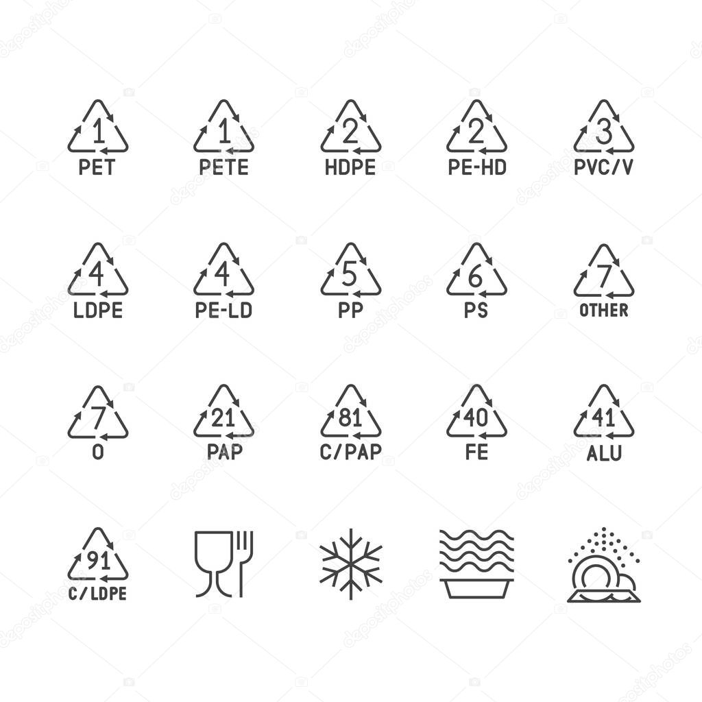 Plastic packaging line icons. Waste recycling symbols polyethylene, pvc, pet package. Vector signs of food container suitable for freezing, microwave, dishwasher. Pixel perfect 64x64. Editable Strokes