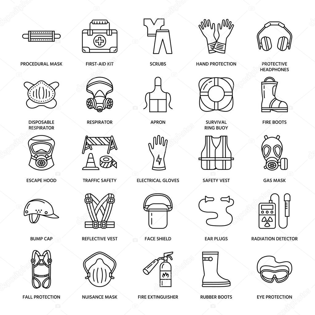 Personal protective equipment line icons. Gas mask, ring buoy, respirator, bump cap, ear plugs and safety work garment. Health protection thin linear signs.