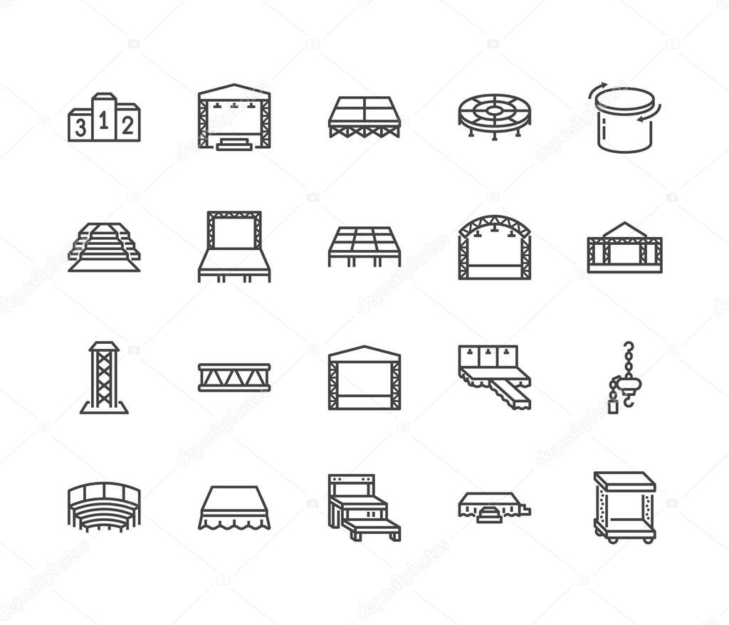 Podiums, stages flat line icons set. Event equipment vector illustrations - red carpet, runway fashion podium, performance scene, stage ladder, aluminium truss. Pixel perfect 64x64. Editable Strokes.