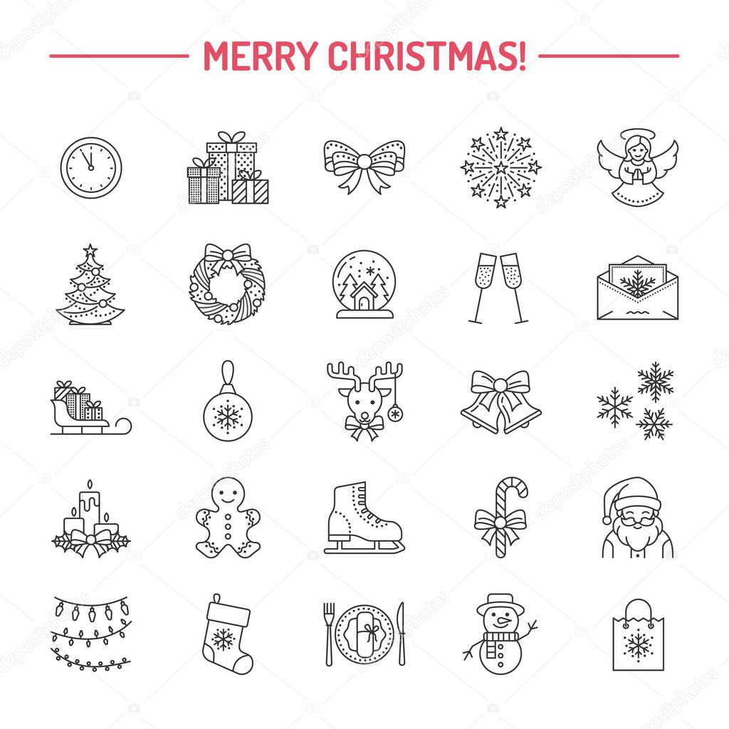 Christmas, new year flat line icons. Winter holidays - christmas tree gift, snowman, santa claus, fireworks, angel. Vector illustration, signs for celebration xmas party.