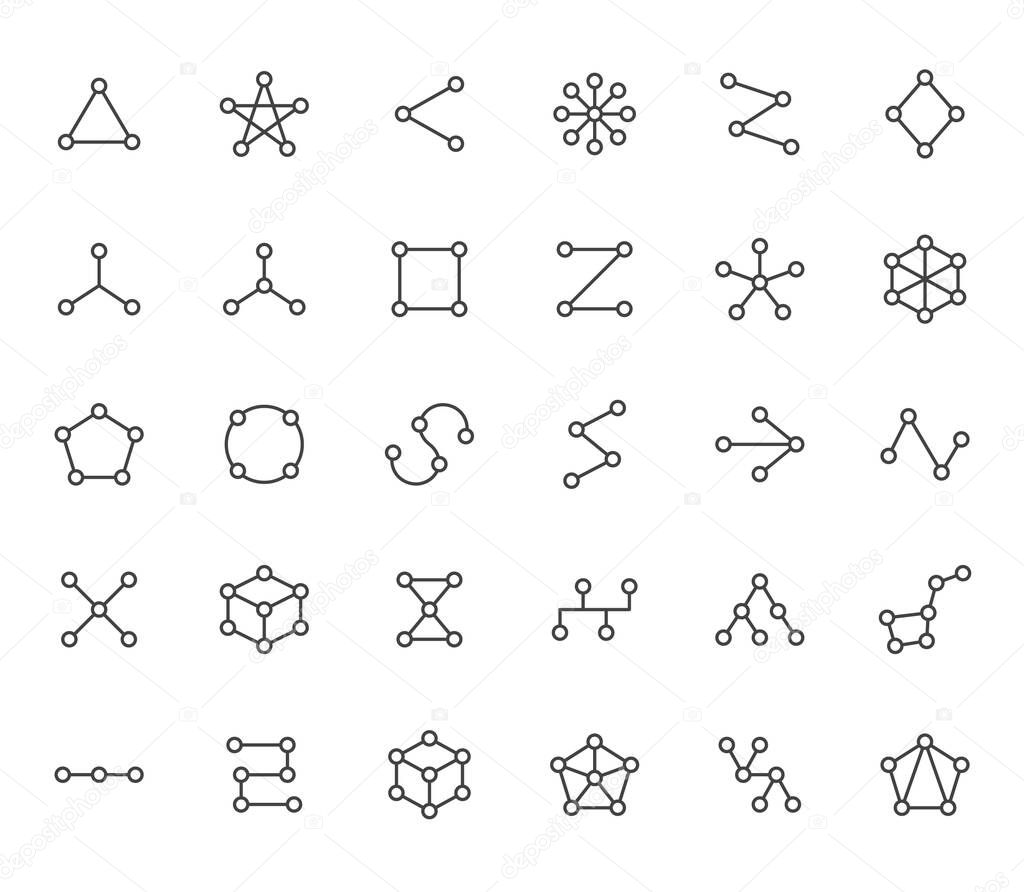 Abstract geometrical flat icons set. Circles connected with lines shapes, variety concept, topology network vector illustrations. Outline signs website category. Pixel perfect 64x64. Editable Strokes.