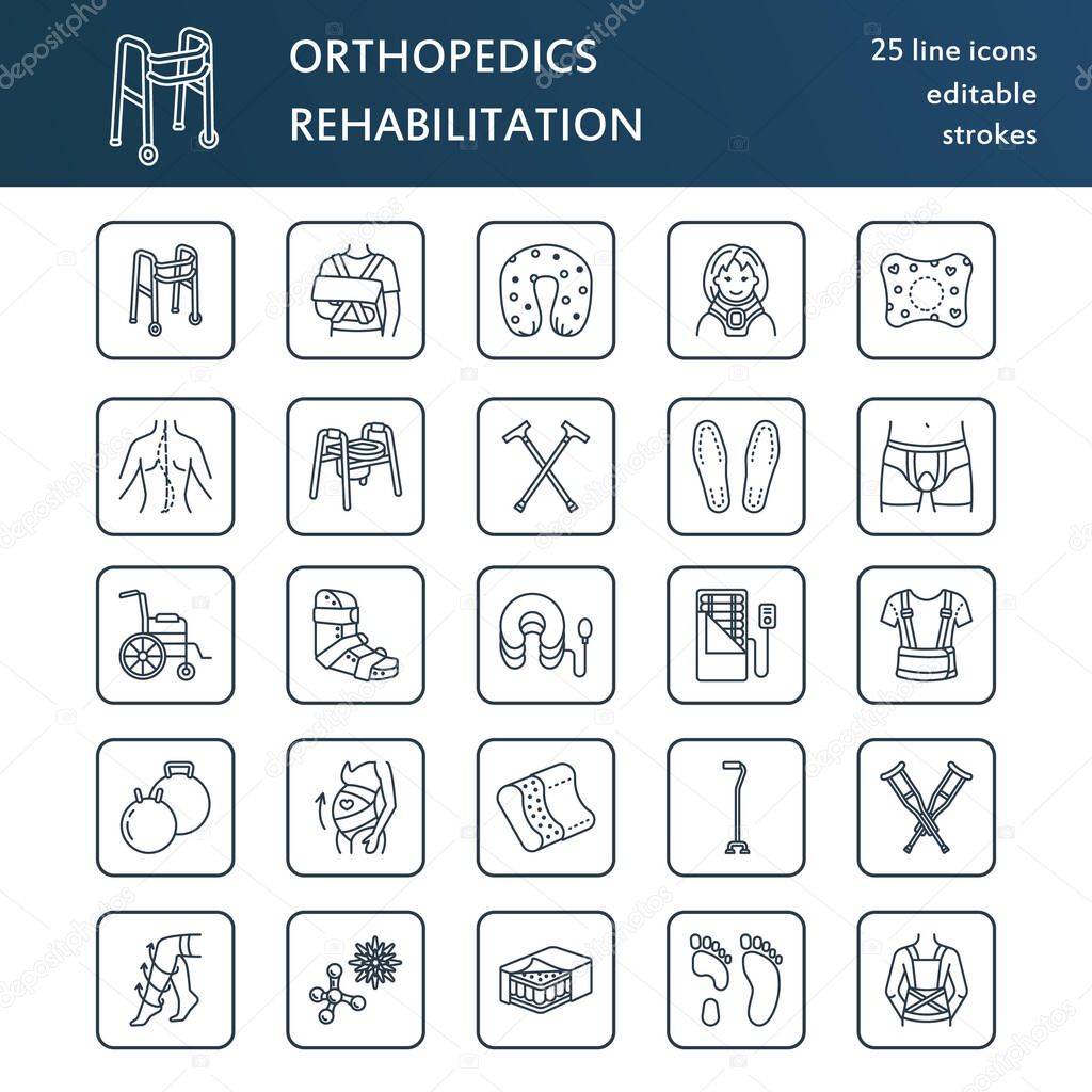 Orthopedic, trauma rehabilitation line icons. Crutches, orthopedics mattress pillow, cervical collar, walkers and other medical rehab goods. Health care thin linear signs for clinic and hospital.