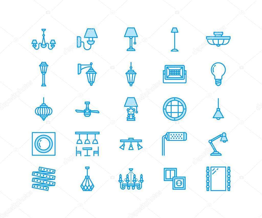 Light fixture, lamps flat line icons. Home and outdoor lighting equipment - chandelier, wall sconce, bulb, power socket. Vector illustration, signs for electric, interior store. Pixel perfect 64x64.