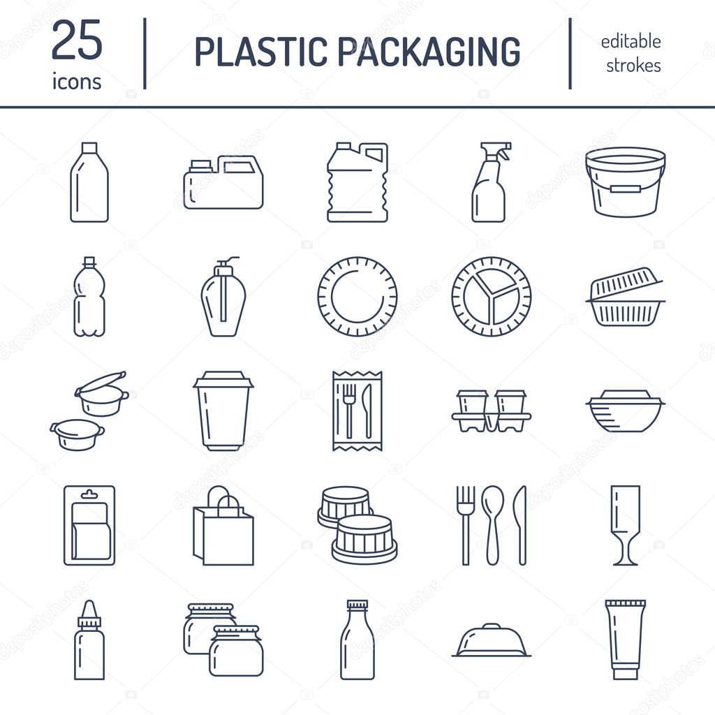 Plastic packaging, disposable tableware line icons. Product container, bottle, packet, canister, plates and cutlery. Packs thin linear signs for shop or synthetic material goods production.