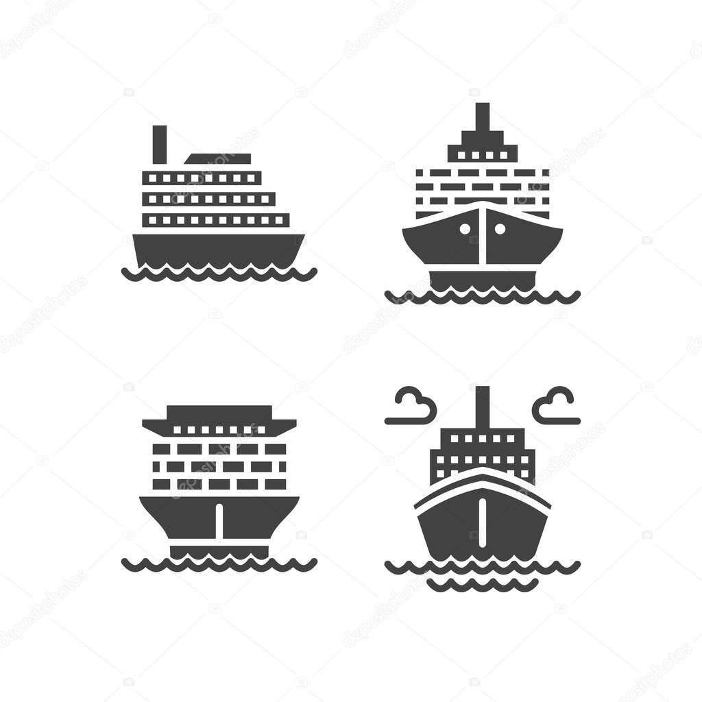 Ships flat glyph icons. Cargo shipping tanker, sea trip , marine transportation vector illustrations. Solid silhouette signs for ocean cruise.