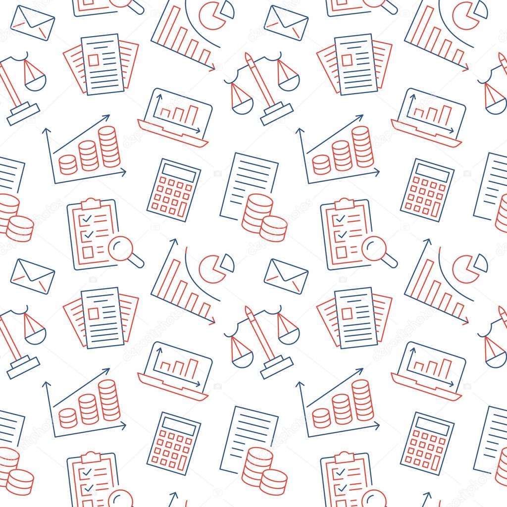 Financial accounting seamless pattern with flat line icons. Bookkeeping background, tax optimization, loan, payroll, real estate crediting. Accountancy, finance thin linear signs for legal services.