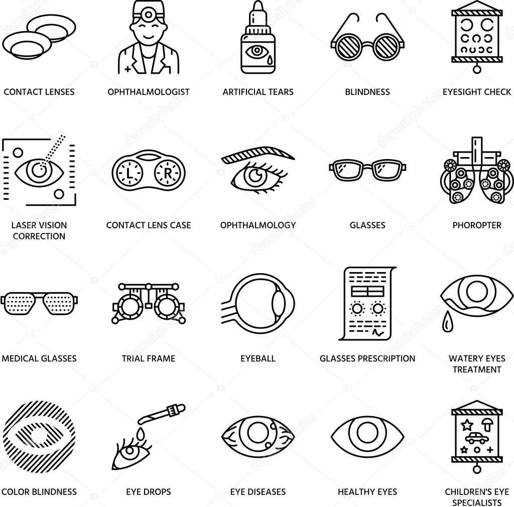 Ophthalmology, eyes health care line icons. Optometry equipment, contact lenses, glasses, blindness. Vision correction thin linear signs for oculist clinic.