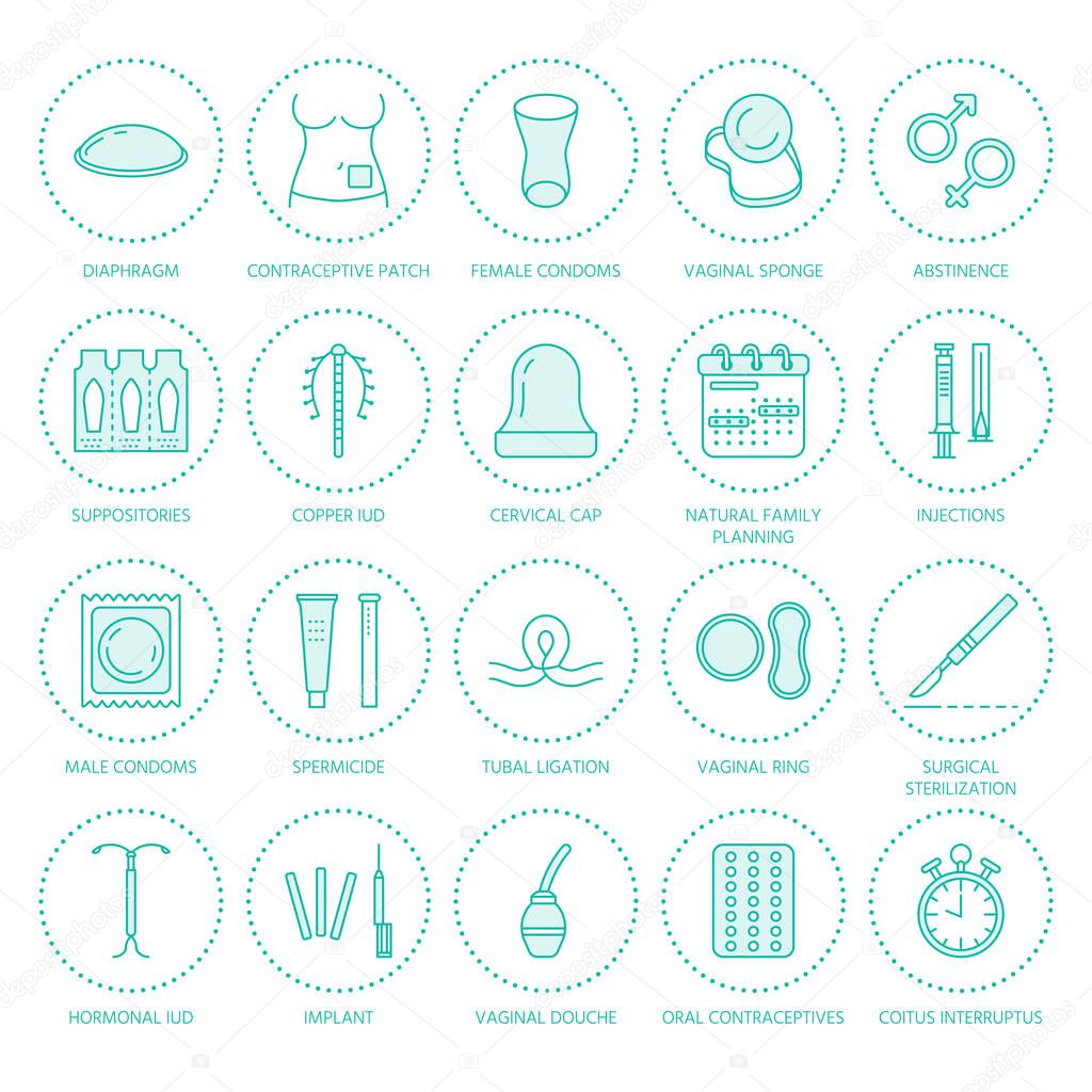 Contraceptive methods line icons. Birth control equipment, condoms, oral contraceptives, iud, barrier contraception, vaginal ring, sterilization. Safe sex thin linear signs for medical clinic.