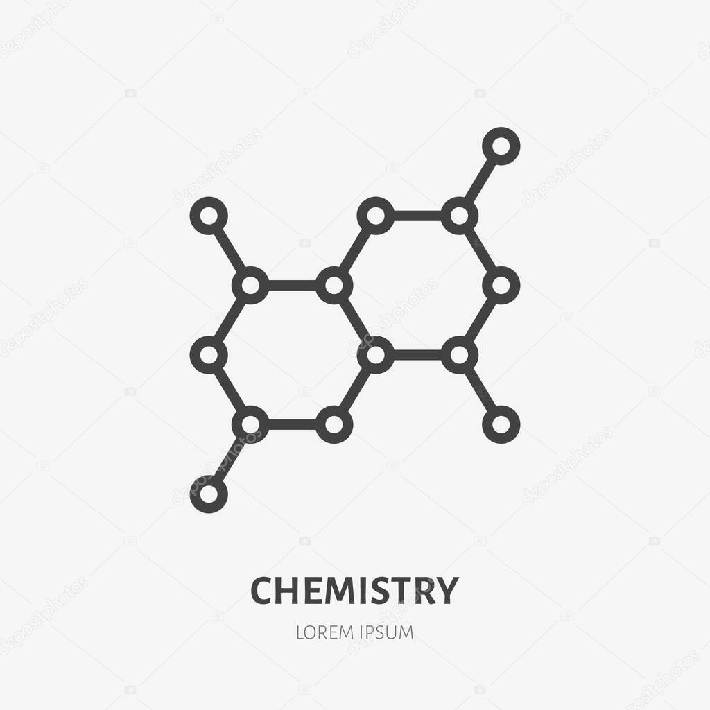 Molecule flat line icon. Chemistry science, molecular structure, chemical laboratory vector illustration. Outline sign of physics, scientific research.