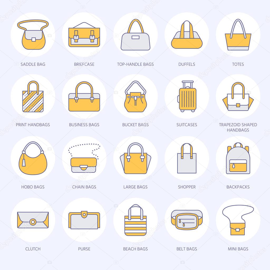 Women handbags flat line icons. Bags types - crossbody, backpacks, clutch, totes, hobo, leather briefcase, luggage. Trendy accessories colored thin linear signs for fashion store.