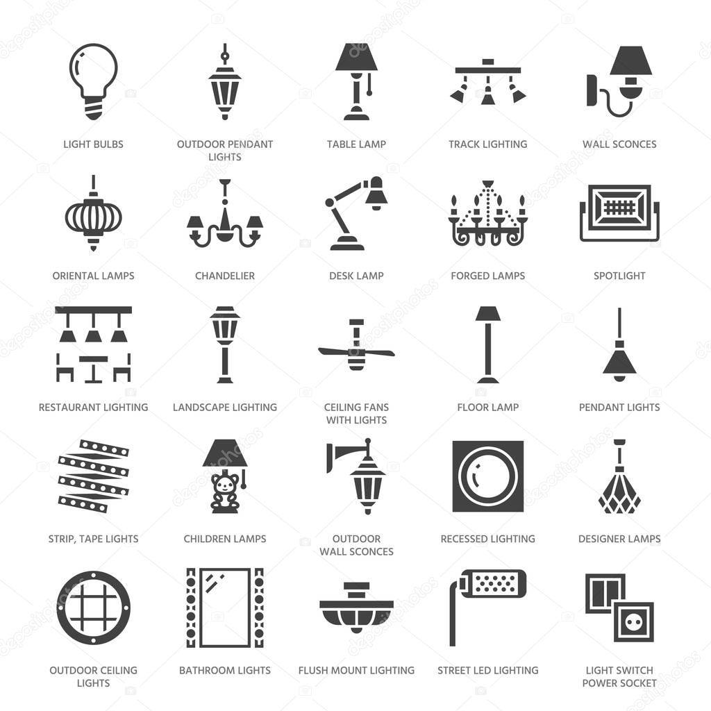 Light fixture, lamps flat glyph icons. Home and outdoor lighting equipment - chandelier, wall sconce, bulb, power socket. Vector illustration, signs for electric, interior store. Pixel perfect 64x64.