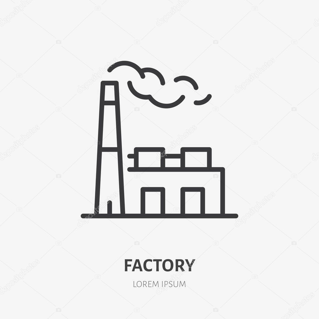 Factory building line icon, vector pictogram of heavy industry. Plant with smoke from chimney illustration, manufacture sign.