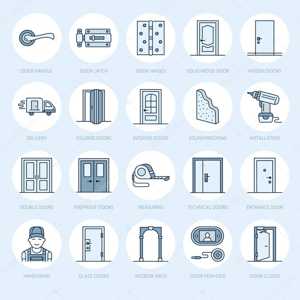 Doors installation, repair line icons. Various door types, handle, latch, lock, hinges. Interior design thin linear signs for house decor shop, handyman service.