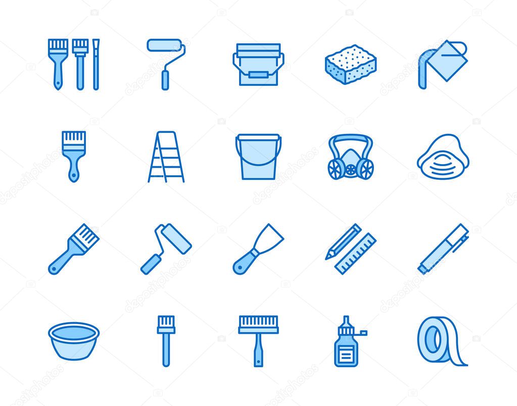 Painter tools flat line icons set Home renovating equipment roller paintbrush ladder masking tape, respirator vector illustrations. Outline signs interior design. Pixel perfect 64x64 Editable Strokes.