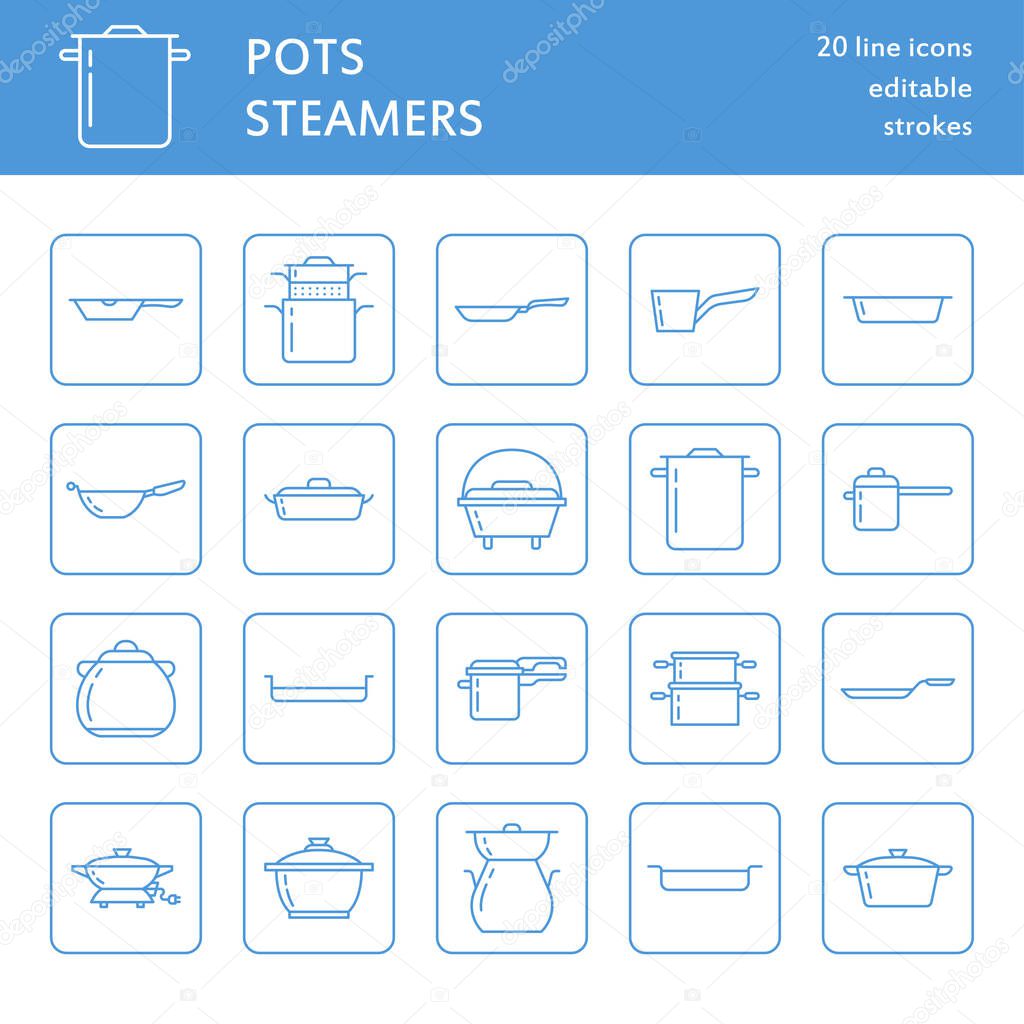 Pot, pan and steamer line icons. Restaurant professional equipment signs. Kitchen utensil - wok, saucepan, eathernware dish. Thin linear signs for commercial cooking store. Outline symbols blue color.
