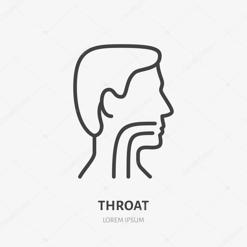 Sore throat line icon, vector pictogram of flu or cold symptom. Man head in profile with angina illustration, sign for medical poster.