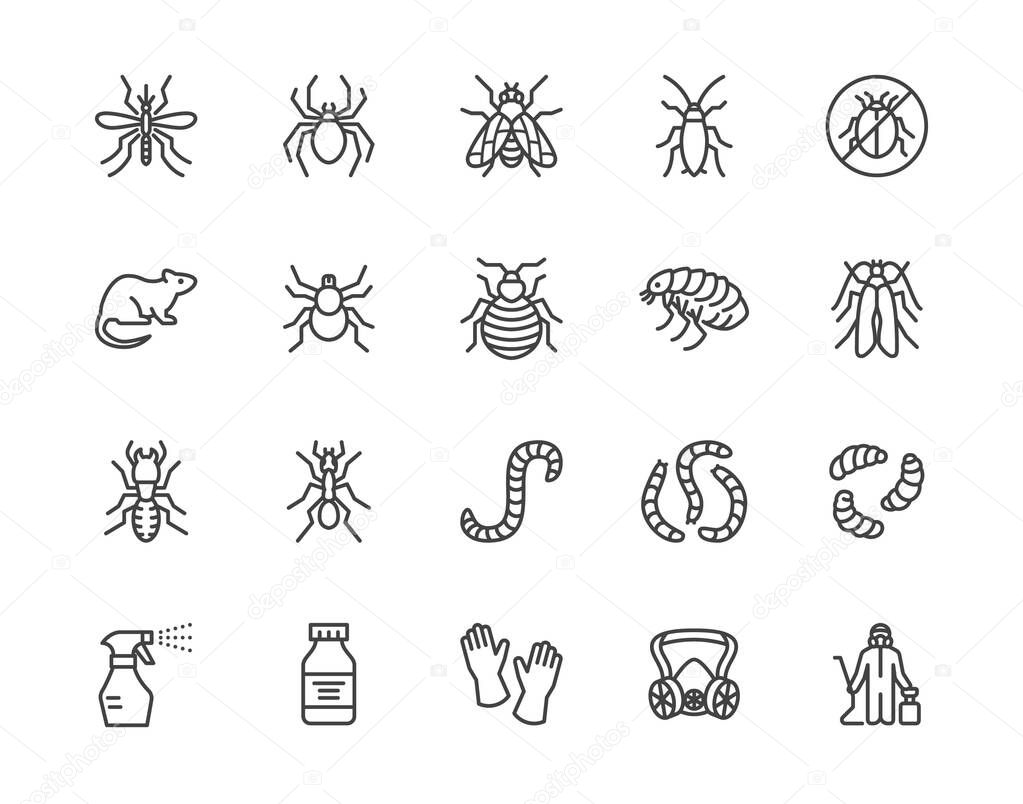 Pest control flat line icons set. Insects - mosquito, spider, fly, cockroach, rat, termite, spray vector illustrations. Outline signs for disinfection service. Pixel perfect 64x64. Editable Strokes.