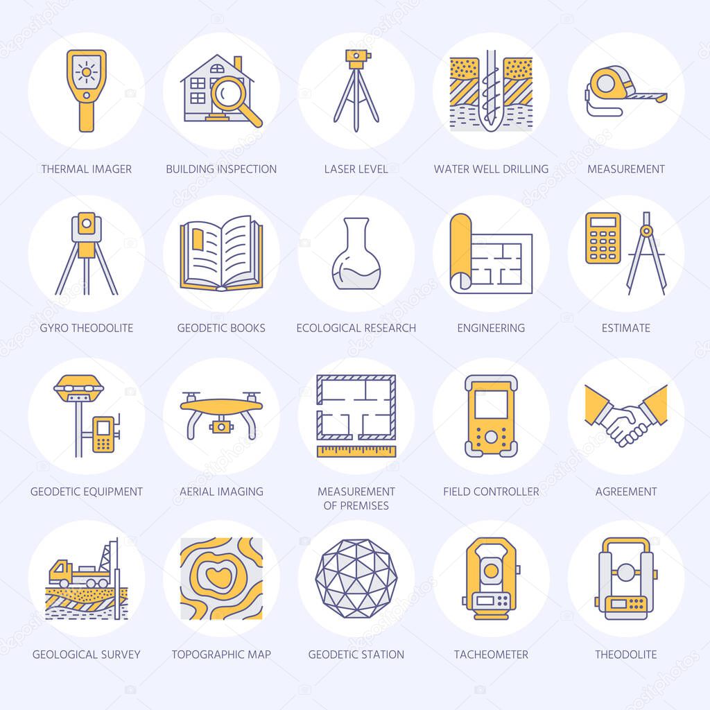 Geodetic survey engineering vector flat line colored icons. Geodesy equipment, tacheometer, tripod. Geological research, building measurement inspection illustration. Construction service signs.